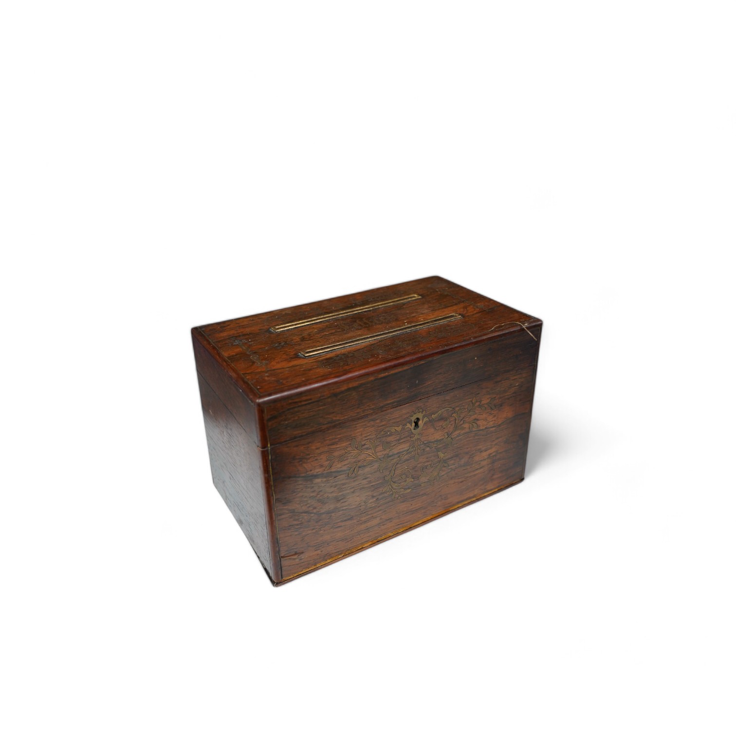 A George IV cut brass inlaid rosewood ‘letters’ box, satinwood interior, 23cm wide. Condition - fair